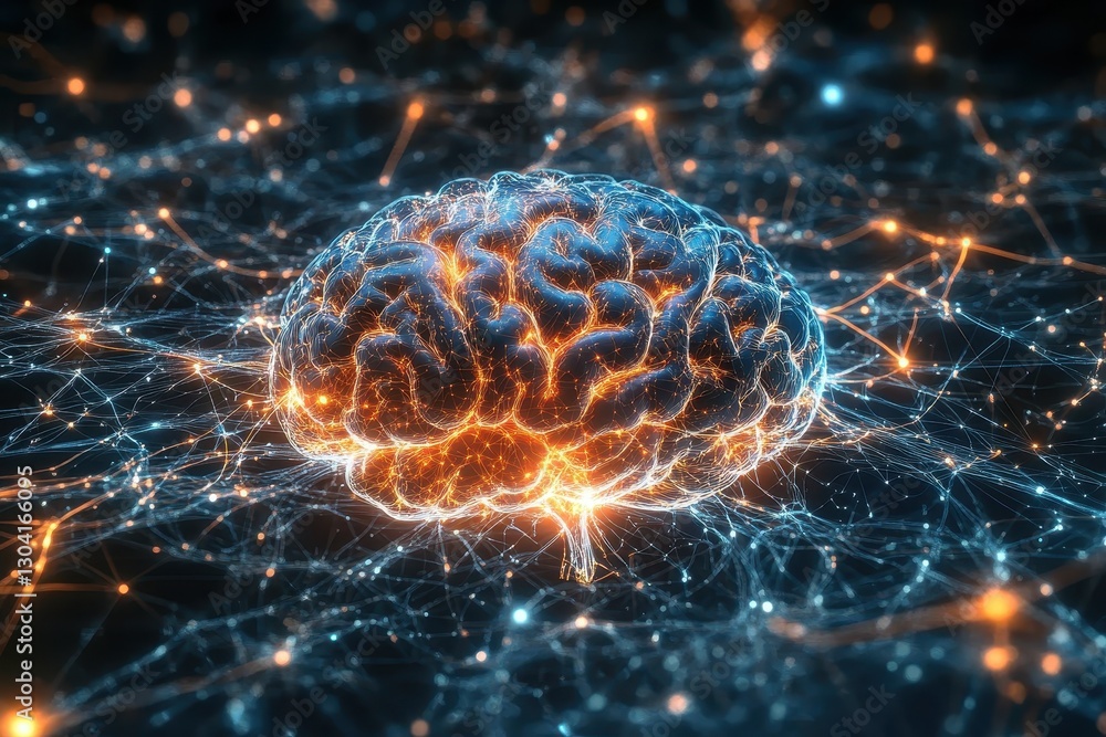 Poster human brain with realistic neural connections and pathways, neural connection concept