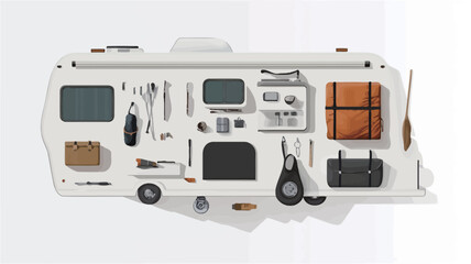 A high-angle, flatlay photograph depicts a collection of camping and travel equipment arranged on a white background. The items are meticulously organized, creating a visually appealing