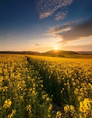 Fototapeta premium Expansive field of blooming yellow flowers under a vibrant sunset sky in a serene landscape