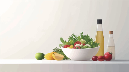 A high-angle, close-up studio shot depicts a white bowl of fresh salad on a white surface against a white background. The salad contains mixed greens, cherry tomatoes, and possibly other