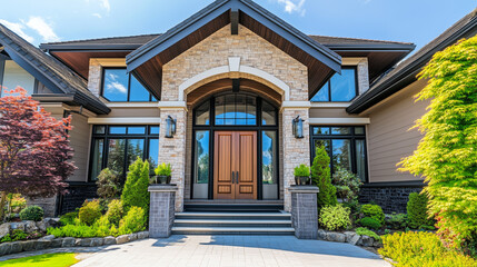 Fototapeta premium Luxurious modern home entrance blending elegance with nature, showcasing timeless architectural beauty.