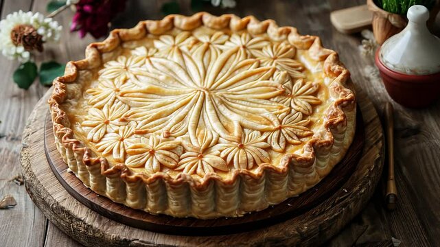 A stunning apple pie features a beautifully detailed floral pattern on a perfectly baked crust