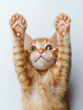 Ginger kitten raising paws with extra toes