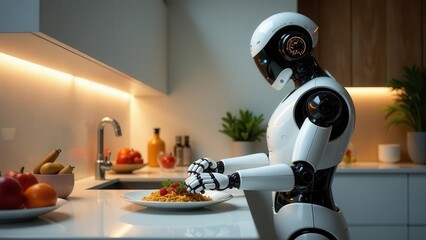 A humanoid robot meticulously prepares a plate of pasta in a modern kitchen setting, showcasing advanced culinary automation