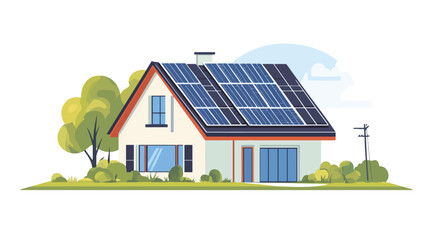 Illustration of a single-family suburban house with solar panels installed on the roof. The house is depicted in a cartoonish style with simple shapes and flat colors.  The house is white