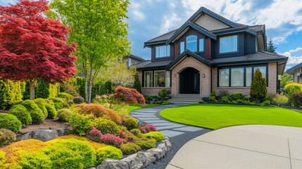 Obraz premium Luxurious modern home entrance blending elegance with nature, showcasing timeless architectural beauty.
