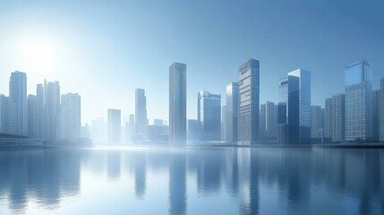 Obraz premium Modern City Skyline at Dawn with Reflection on Water