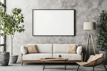Modern canvas frame mockup showcased in living room, bedroom, and kitchen spaces. Interior concept