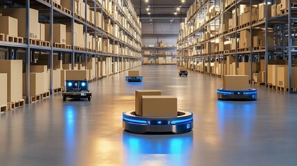 Autonomous robots moving boxes in warehouse