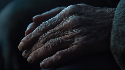 Fototapeta premium A cinematic close-up of an elderly man's wrinkled hands resting gently on his lap, the texture of his skin telling a silent story of time and experience