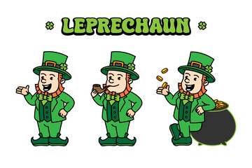 Leprechaun, St. Patrick retro vintage mascot character clip art. St. Patrick Day Retro vintage mascot character with gloved hand and foot. Walking, waving, standing, funny, cute.