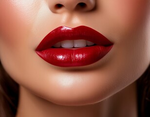 Fototapeta premium Female model showcasing bold red lipstick and flawless skin in close-up beauty shot during professional makeup session