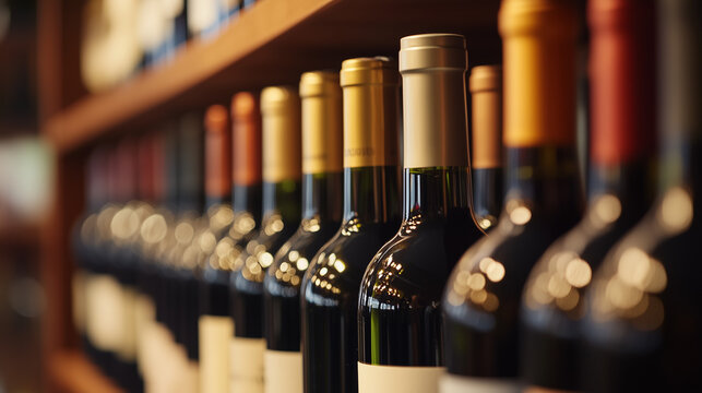 A row of wine bottles, close-up, showcasing elegance and craftsmanship in a timeless display.