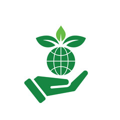 sustainable icon. earth and plant vector in hand. reuse, recycle, net zero, green energy, eco-friendly concept. Solid design style
