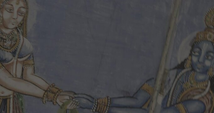 Close-up View on Frescoes Decoration On Wall Of Hanuman Temple In Jaipur, India. Ungraded C LOG 2 Sita And Rama. Life Story Of Rama, Sita And Their Companions Allegorically Discusses Duties, Rights