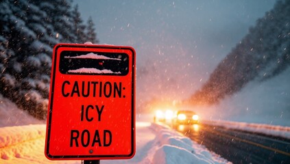 A bright red "Caution: Icy Road" sign placed on a snow-covered mountain pass, heavy snowfall blurring visibility, headlights of distant cars barely visible, cinematic lighting.