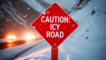 A bright red "Caution: Icy Road" sign placed on a snow-covered mountain pass, heavy snowfall blurring visibility, headlights of distant cars barely visible, cinematic lighting.