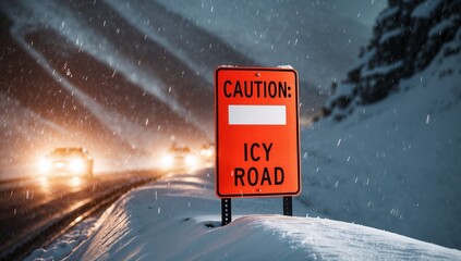 A bright red "Caution: Icy Road" sign placed on a snow-covered mountain pass, heavy snowfall blurring visibility, headlights of distant cars barely visible, cinematic lighting.