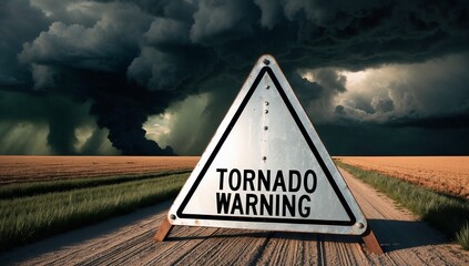 A triangular tornado warning sign, slightly bent by strong winds, placed on a rural dirt road, dark green storm clouds swirling in the background, hyperrealistic lighting.