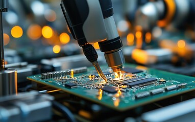 Precise robotic arm soldering a microchip onto a circuit board.  Intricate electronics assembly in a high-tech factory setting.  Illuminated workspace.