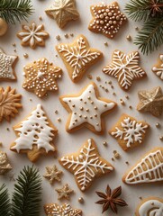Fototapeta premium Christmas cookies decorated with icing and gold pearls lying on table