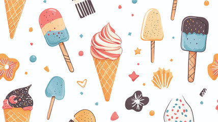 A repeating pattern featuring various illustrations of ice cream and popsicles in bright, pastel colors.  The style is cartoonish and whimsical with hand-drawn elements. The background is