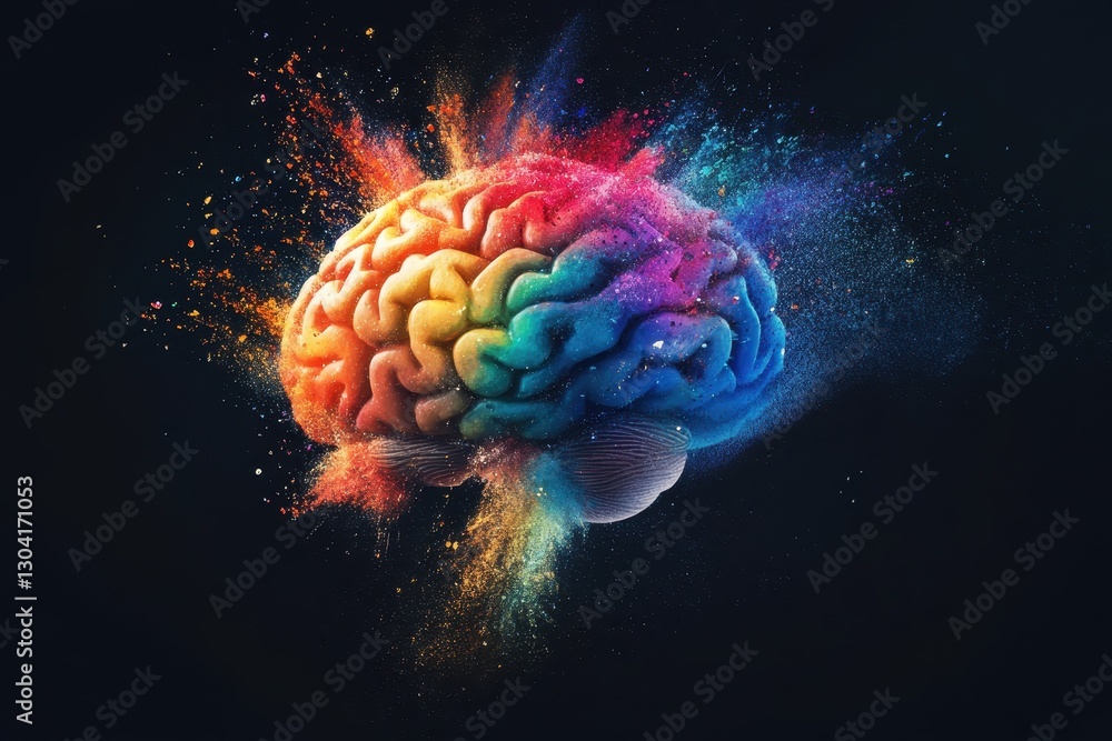 Poster a brain exploding in colors, symbolizing a mind-blown concept with multicolor