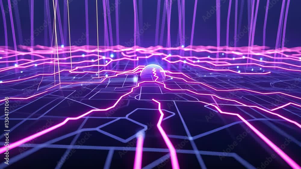 Poster digital landscape with glowing pink lines and futuristic grid pattern vibrant neon world of advanced
