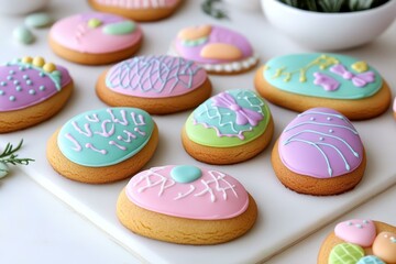 Fototapeta premium Colorful Easter Egg Shaped Cookies Decorated with Icing