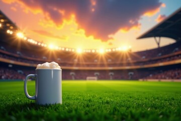 Obraz premium A frothy beverage in a mug sits on the lush green grass of a stadium at sunset, a tranquil moment before the exciting game begins.