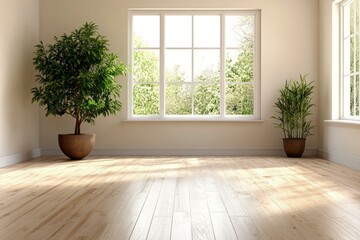 Fototapeta premium Empty room with big windows and plants
