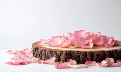 Product podium with pink rose petals and a wood slice on a white background, a mockup for product presentation, a beauty backdrop, close-up