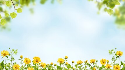 Obraz premium Yellow Flowers and Green Leaves Border on a Blue Sky Background