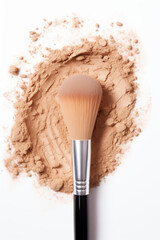 Makeup brush with beige powder foundation on white background. Beauty cosmetics product