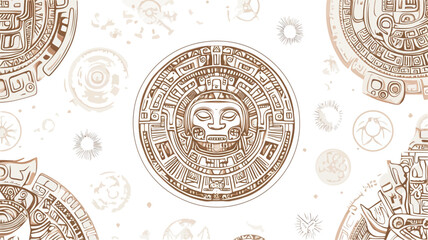 Obraz premium A repeating seamless pattern featuring multiple circular designs reminiscent of Mayan or Aztec art. The central design is a detailed circular motif, possibly representing a calendar or