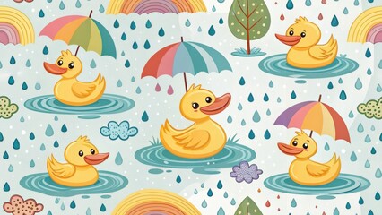 Cute Pet Illustrations in Digital Art Style Concept. Colorful pattern of cute rubber ducks with umbrellas in water, rain, and rainbows. Seamless Pattern.
