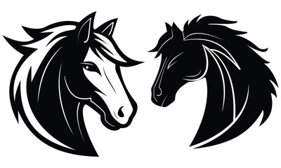 Horse head silhouettes. Monochrome isolated horses heads black graphic elements for tattoo dressage freedom concepts collection.  Vector  illustration.