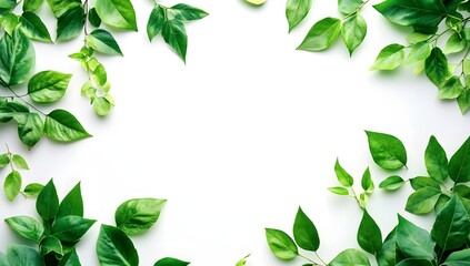 Fototapeta premium Fresh green leaves frame on white background (1)