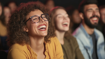Laughing woman with curly hair and glasses enjoying entertainment with friends. Social gathering enjoyment