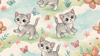Cute Pet Illustrations in Digital Art Style Concept. Cute playful kittens with butterflies on a whimsical pastel background. Seamless Pattern.