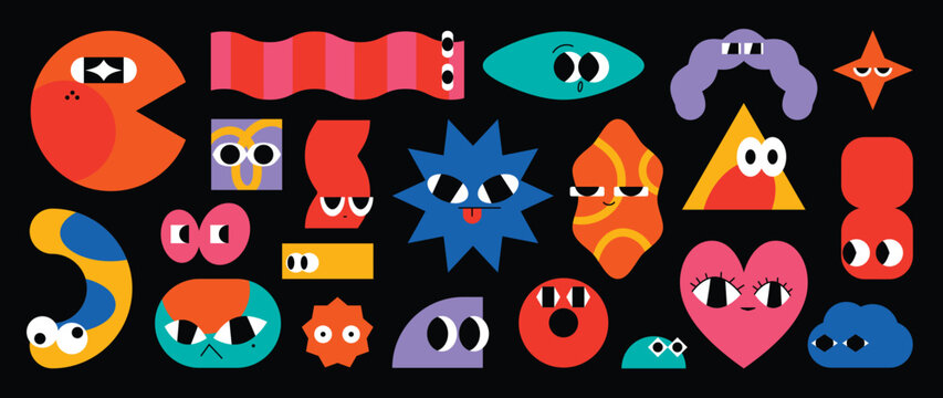 Naklejki Set of colorful funny shape element vector. Collection of cartoon characters, cute doodle dawn, geometric, organic shape with fun eye. Design for decorative, sticker, toys and kids.