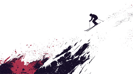 The image is a stylized vector illustration of a skier in motion. The skier is depicted as a dark silhouette against a white background.  The background features abstract splashes of red