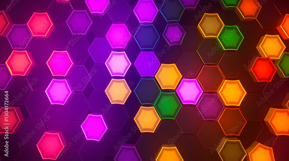 Poster a vibrant pattern of glowing hexagons in various colors against a dark background, creating a dynami