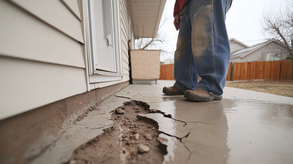 Man examining broken concrete porch with large cracks and standing water. Home foundation damage inspection