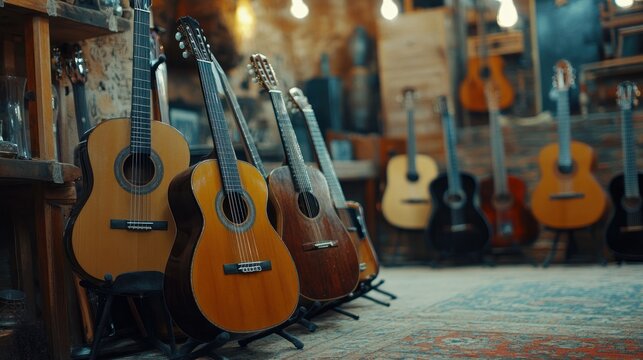 A cozy music shop displaying various acoustic guitars in warm lighting