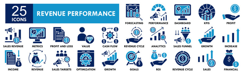 Revenue Performance icon collection set. Containing design revenue, performance, business, growth, increase, financial