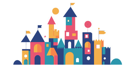 A digital illustration depicting a whimsical castle scene. The style is cartoonish and flat, using bold, geometric shapes and bright colors. Multiple castle-like structures of varying