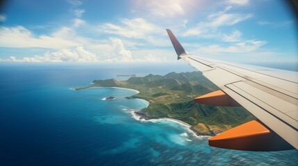 Fototapeta premium View from an airplane window, tropical beach from view of the wing, travel concept. Generative ai
