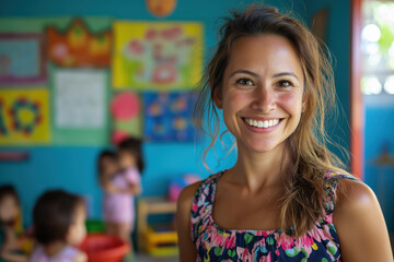 Smiling female teacher in colorful classroom with vibrant educational materials. Early childhood education