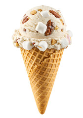 Rocky road ice cream with marshmallows and nuts, on a waffle cone, isolated on a transparent background